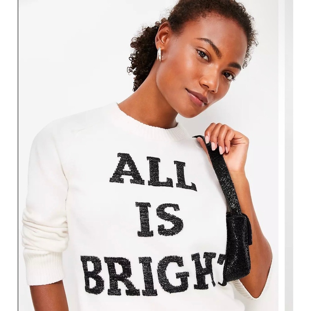 Loft Womens All Is Bright‎ Graphic Crew Neck Sweater White Black Metallic M NWT